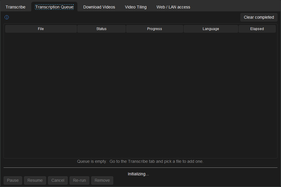 Transcription Queue tab: batch jobs with live progress, pause, resume, cancel, re-run or remove any row