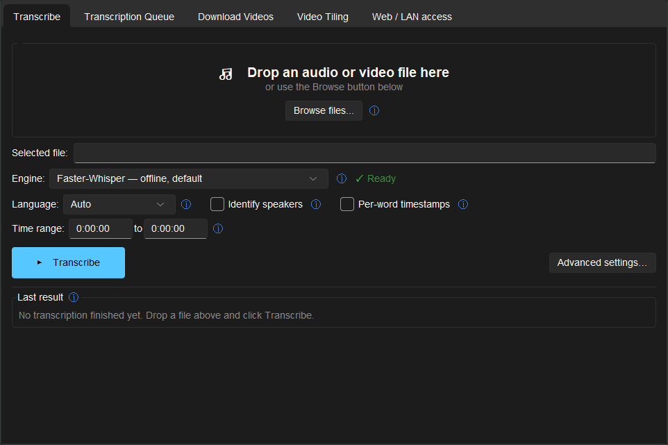 Transcribe tab: a drop target, engine and language pickers, speaker-label and word-timestamp options